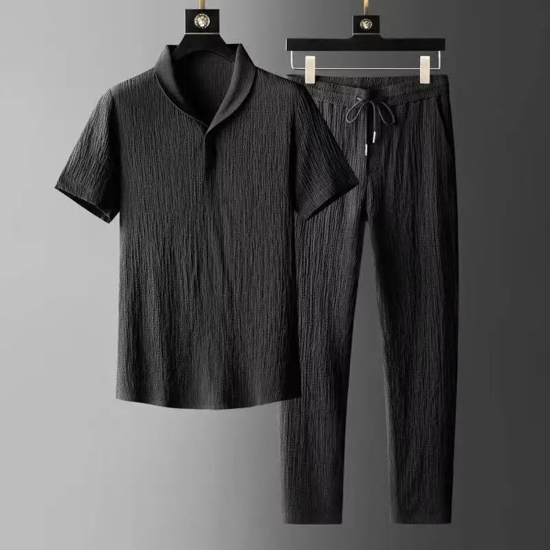 Men Summer Ice Silk Linen Cotton Blend Loose Fit Mid Sleeve Tshirt Casual Shorts 2 Piece Set Sportswear Outfit 2025 Men Clothes
