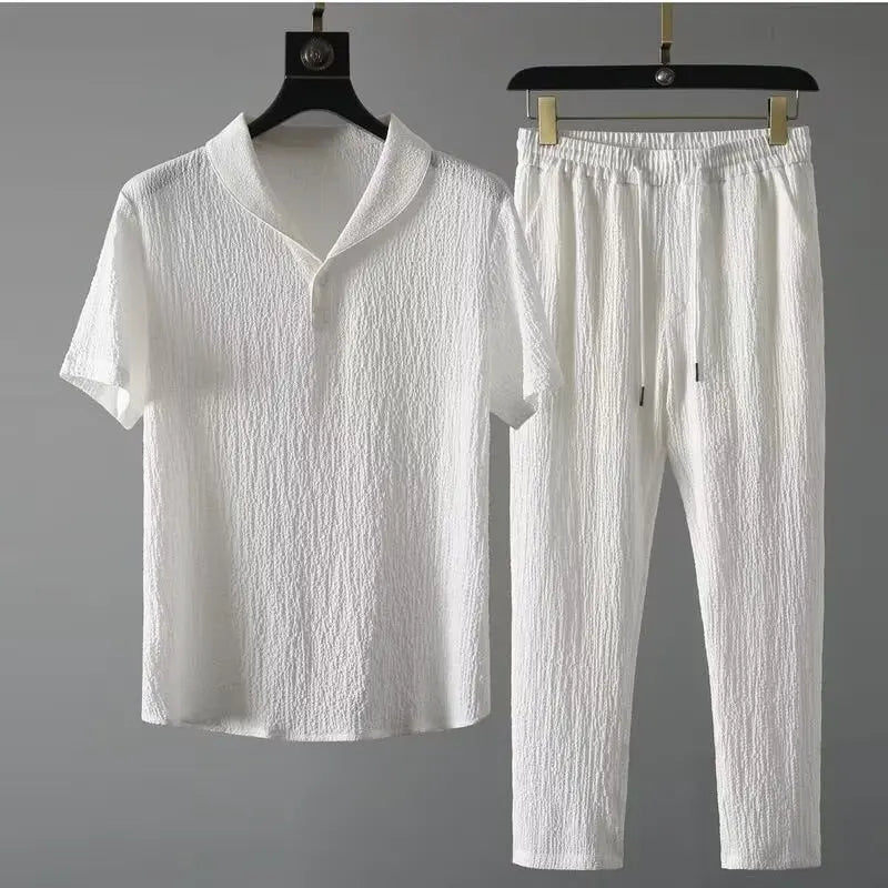 Men Summer Ice Silk Linen Cotton Blend Loose Fit Mid Sleeve Tshirt Casual Shorts 2 Piece Set Sportswear Outfit 2025 Men Clothes