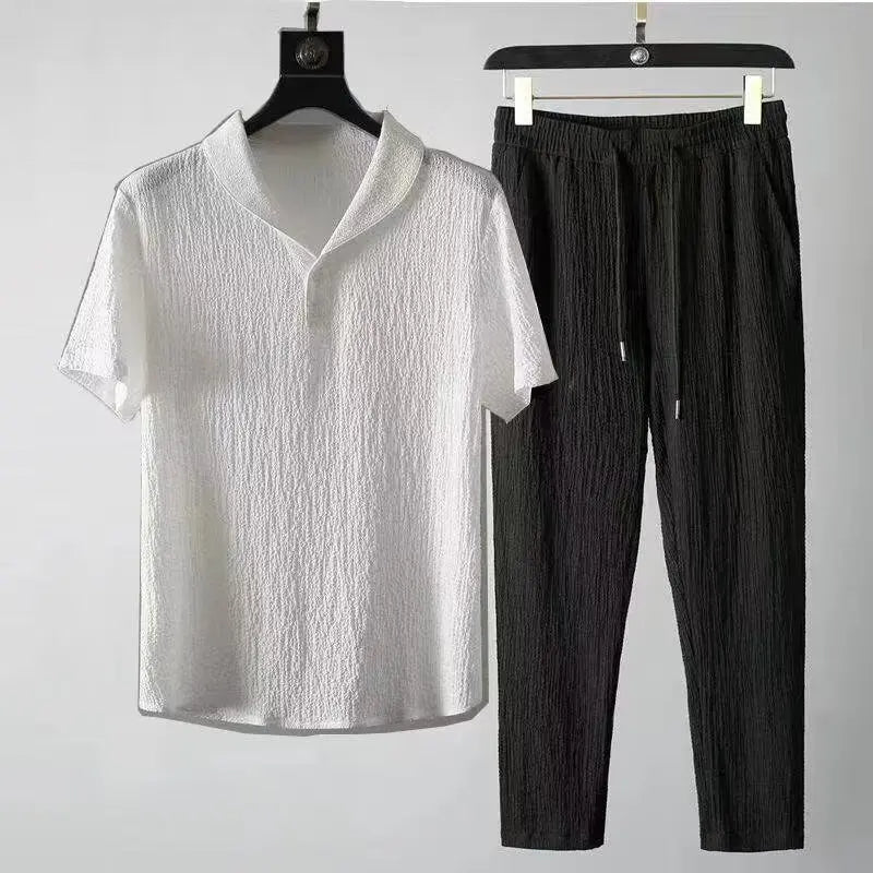 Men Summer Ice Silk Linen Cotton Blend Loose Fit Mid Sleeve Tshirt Casual Shorts 2 Piece Set Sportswear Outfit 2025 Men Clothes