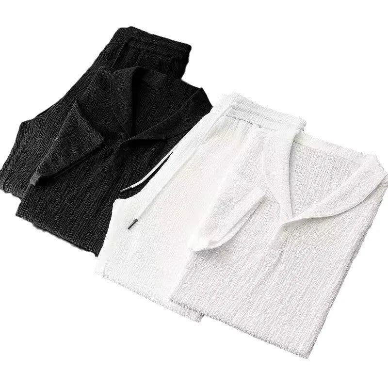 Men Summer Ice Silk Linen Cotton Blend Loose Fit Mid Sleeve Tshirt Casual Shorts 2 Piece Set Sportswear Outfit 2025 Men Clothes