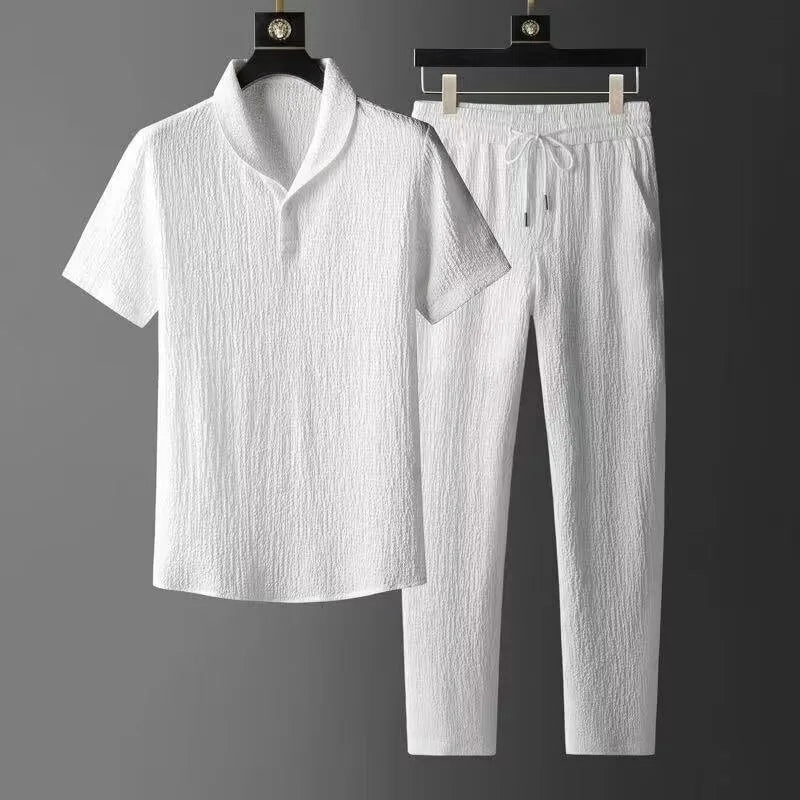 Men Summer Ice Silk Linen Cotton Blend Loose Fit Mid Sleeve Tshirt Casual Shorts 2 Piece Set Sportswear Outfit 2025 Men Clothes