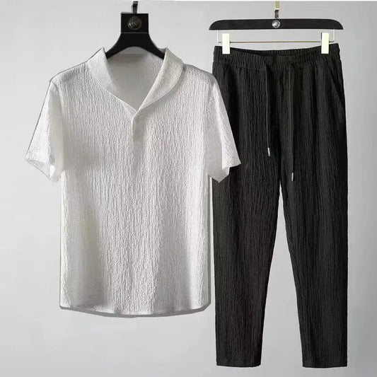 Men Summer Ice Silk Linen Cotton Blend Loose Fit Mid Sleeve Tshirt Casual Shorts 2 Piece Set Sportswear Outfit 2025 Men Clothes
